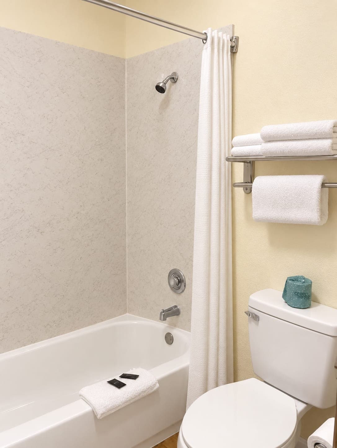 Mountain Inn private bathroom — tub and shower, fresh towels