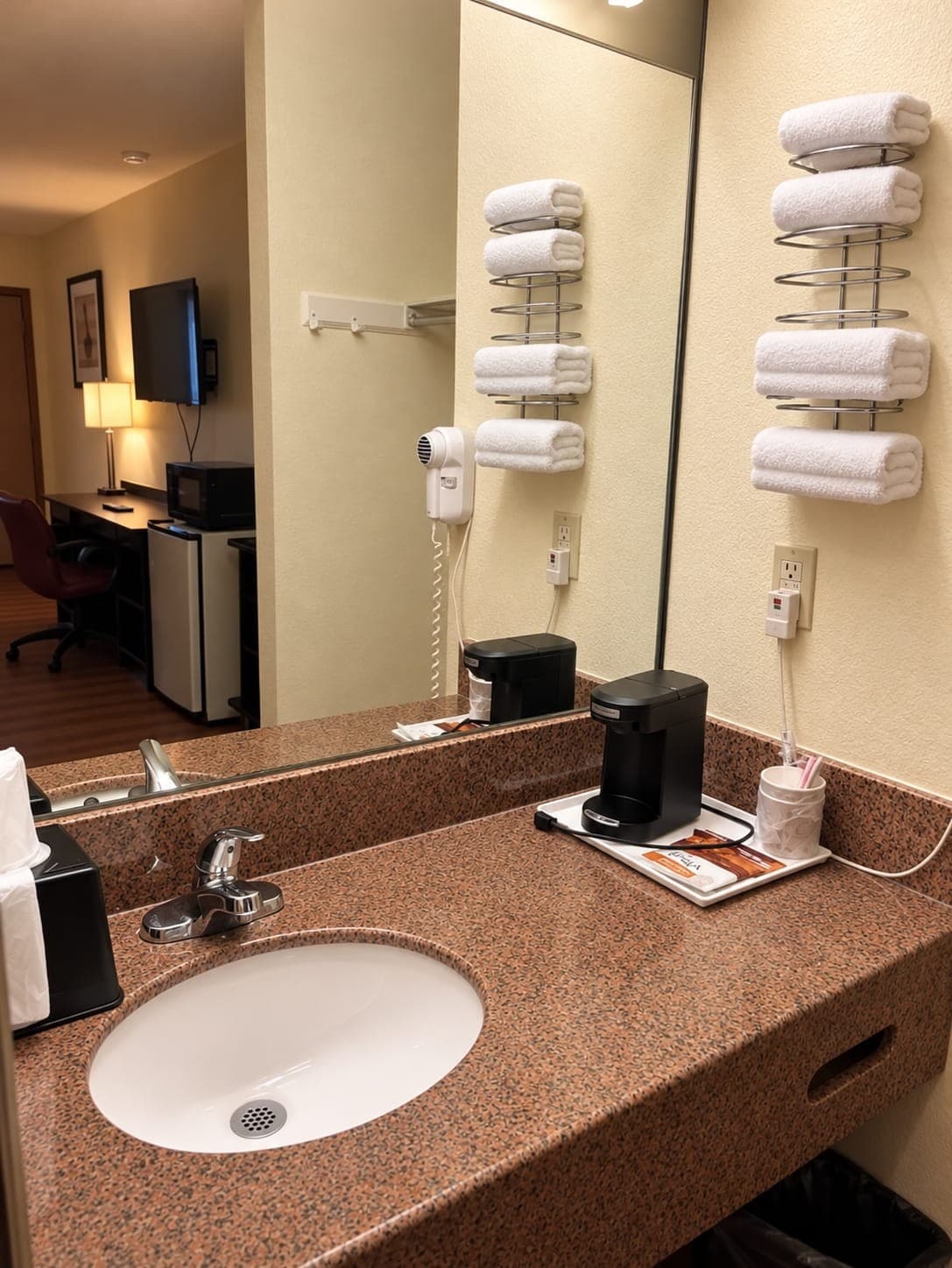 Mountain Inn room vanity — coffee maker, hair dryer, fresh towels
